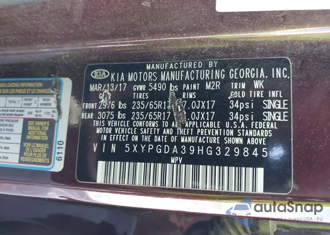 2017 Kia Sorento 2.4L Lx из США, поврежденный, VIN 5XYPGDA39HG329845